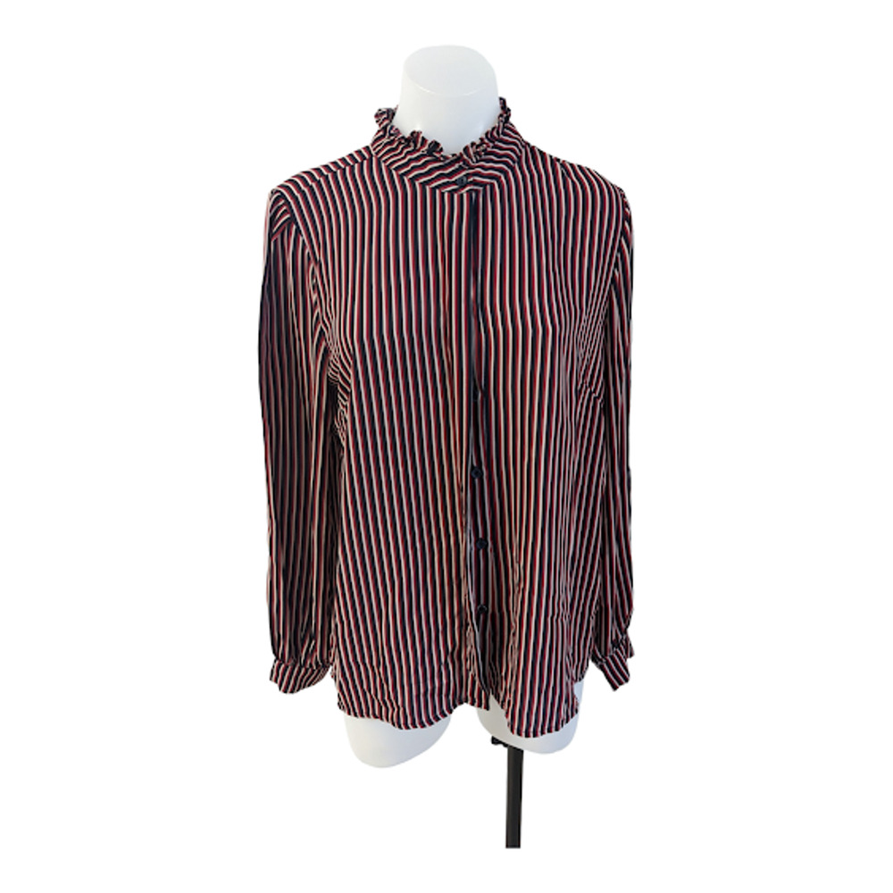 Just Female Size Medium Ruffle Neck Shirt Blouse Navy Red Striped Long Sleeves